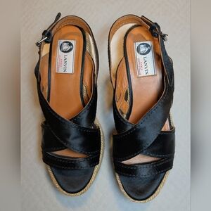 Lanvin Platform Espadrille Sandals Black Satin Jute Wedges Size 5.5 EU 35.5